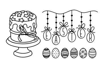 Vector Doodle Outline Easter Set. Contour drawing Painted Eggs, Garland with Eggs hanging on a rope, Easter Сake on a stand. Hand drawn Religious Holiday symbols, elements for design poster, coloring