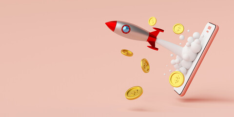 Business start-up concept, Rocket launching from smartphone with dollar coin, 3d rendering