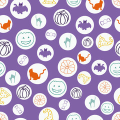 Vector Purple Round Halloween party seamless pattern background. Perfect for fabric, scrapbooking, packaging, and invitation cards. 