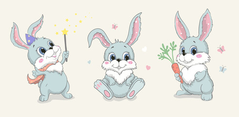 Cute bunny set. Funny rabbit and carrot cartoon character. Baby hare poses vector