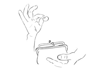 Putting coin in your wallet. Hands close-up.  Black and white sketch