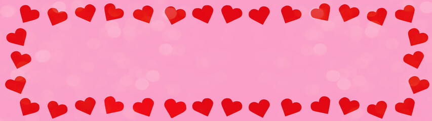 Valentine's day love wedding greeting card template - Frame made of red hearts isolated on pink...
