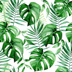 watercolor seamless tropical pattern. print with tropical green leaves on a white background. palm leaves, monstera, jungle plants