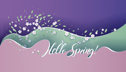 Hello Spring card. Bright wavy background. Creative paper cut flowers and leaves.