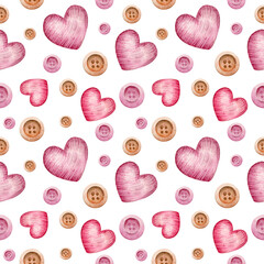 Valentine's day seamless watercolor pattern with pink textile hearts and pink brown buttons on a white background.