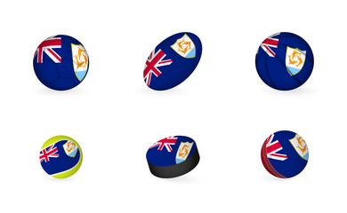 Naklejka premium Sports equipment with flag of Anguilla. Sports icon set.