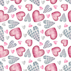 Valentine's day seamless watercolor pattern with pink and gray textile hearts on white background.