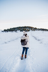 Fototapeta na wymiar back view of backpacker woman hiking in snowy mountain. winter season. nature
