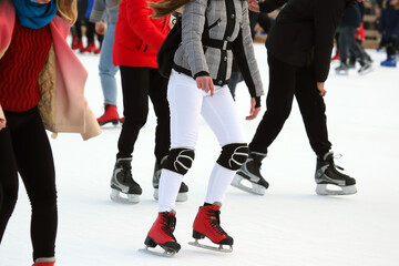 different people are actively skating on an ice rink. hobbies and leisure. winter sports