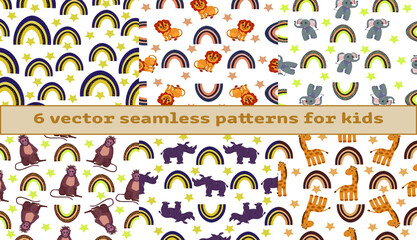 A set of seamless patterns with animals in a flat style for children’s apparel, stationery, accessories, textiles. Vector Illustration. 