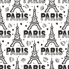 Hand drawn seamless pattern with Eiffel Tower. Paris decor, flower and herats. Contour Vector illustration for France, trip and adventure.