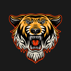 Tiger head vector illustration in vintage colored style isolated on dark background