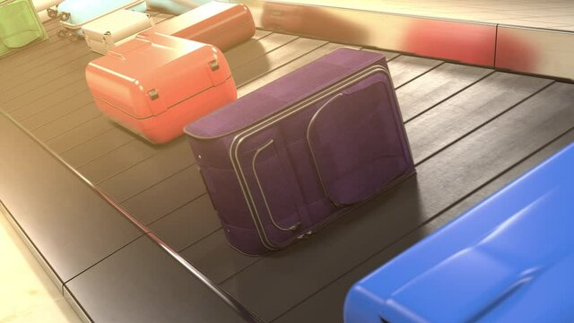 Moving luggage belt with tourists bags in sunny morning aiport. No people. Travel vacations beginning with baggage waiting.