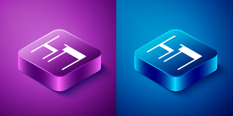 Isometric School table and chair of classroom icon isolated on blue and purple background. School desk. Square button. Vector Illustration.