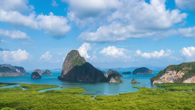 Beautiful Samet Nangshe viewpoint over Phang-nga Bay panorama scenic, with mangrove forest and mountains in Andaman sea, near Phuket, Thailand; zoom in - Time Lapse