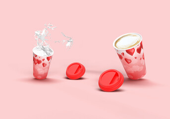 Paper mockup mug with hearts in the background for Valentine's Day.