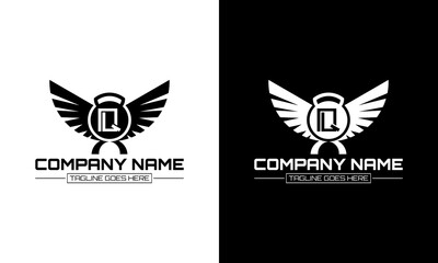 Obraz premium Barbell and wing logo design with the letter Q concept.