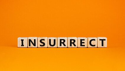Insurrect symbol. Wooden cubes with the word 'insurrect'. Beautiful orange background, copy space. Business and insurrect concept.