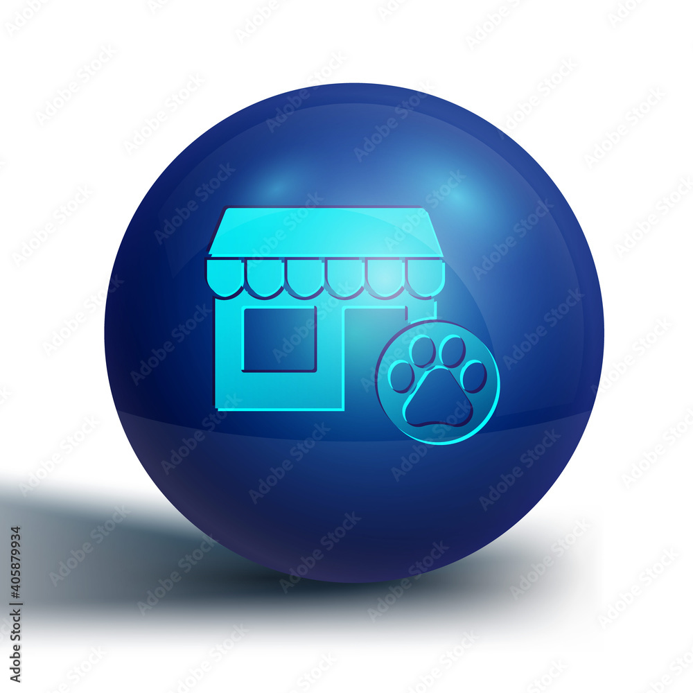 Sticker Blue Veterinary medicine hospital, clinic or pet shop for animals icon isolated on white background. Vet or veterinarian clinic. Blue circle button. Vector.