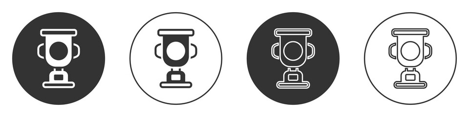 Black Award cup icon isolated on white background. Winner trophy symbol. Championship or competition trophy. Sports achievement sign. Circle button. Vector.