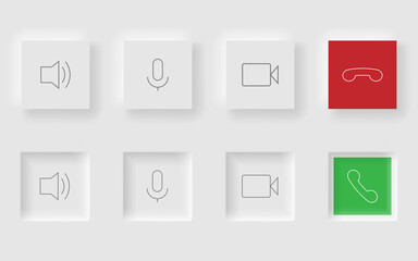 White square buttons in Neomorphism design style. Communication buttons set modern buttons. Vector