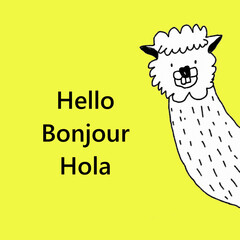 Cute Funny Smiling Alpaca llama Cartoon Illustration Greeting in French Bonjour English Hello Spanish Hola © WenJunior