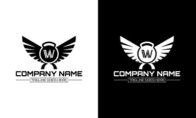 Barbell and wing logo design with the letter W concept.