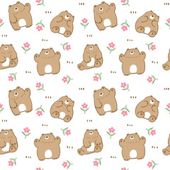 Seamless Pattern with Cartoon Bear and Flower Illustration Design on White Background