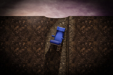 An airplane chair falls into a hole demonstrating feelings of fight or flight anxiety concept. 3D illustration