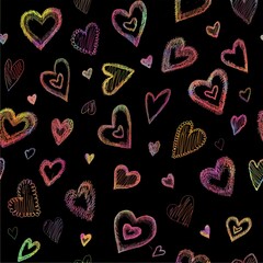 Seamless pattern with shaggy hearts in cold (blue, lilac, emerald) colors on a black background.  Graphic illustration. Background for textiles, postcards, wrapping paper, prints, wallpaper.