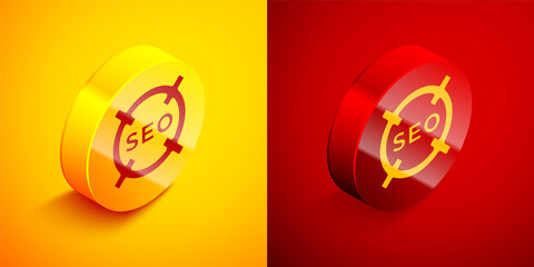 Isometric SEO optimization icon isolated on orange and red background. Circle button. Vector.