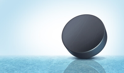 Hockey puck background on an ice rink with blank copy space as a winter team sport  - obrazy, fototapety, plakaty