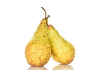 Two ripe green pears, close-up, isolated on white.