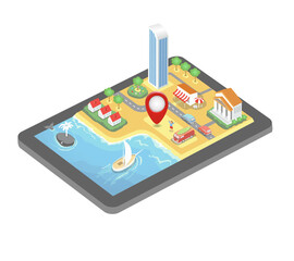 Vector isometric GPS map. Tablet PC with mobile navigation program. A pin is pointing at the resort near the beach and ocean
