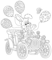 Little Easter Bunny friendly smiling, waving in greeting and driving a toy retro car decorated with holiday balloons, black and white outline vector cartoon illustration