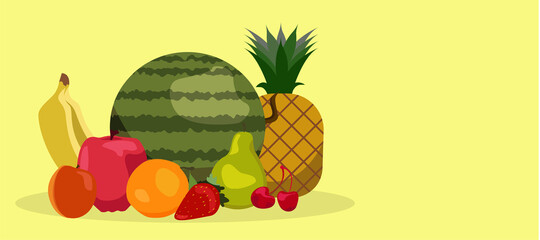 Fruit set and berries vector banner. Vegetarian Food Strawberries, banana and pomegranate Illustation of fruit Pineapple or Apple. Orange, Watermelon apricot, pear, cherry