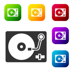 Black Vinyl player with a vinyl disk icon isolated on white background. Set icons in color square buttons. Vector.