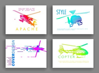 Art image set of a helicopter. Minimal cover design. Conceptual vector drawn by color lines