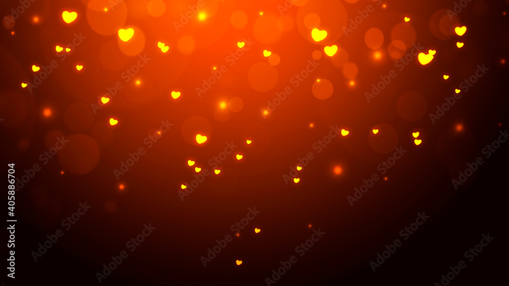 Wall mural Abstract brown gradient bokeh background with gold glowing hearts and sparkles. Valentines day background