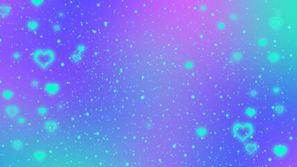 Abstract blurred blue and purple gradient background with glowing turquoise hearts. Vivid Valentines day background