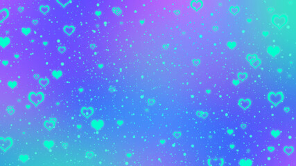 Abstract blurred blue and purple gradient background with glowing turquoise hearts. Vivid Valentines day background