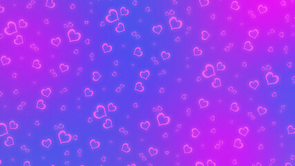 Abstract blurred blue and purple gradient background with glowing pink hearts. Vivid Valentines day background