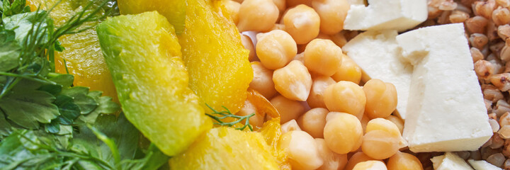 Food bowl with chickpeaks. Health dinner. Vegetarian cooking cuisine. Cafe organic meal. Fresh lunch with pumpkin and feta cheese. Detox spicy. Above view. Flatlay. Closeup. Banner