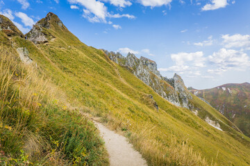 View of the nature and the landscape on top of Puy de Sancy volcano, the highest peak in Auvergne, France