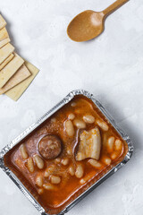 Lunch at work place Beans with chorizo and meat