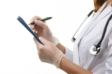 View of the hands of a doctor writing down a patient's diagnosis in a tablet