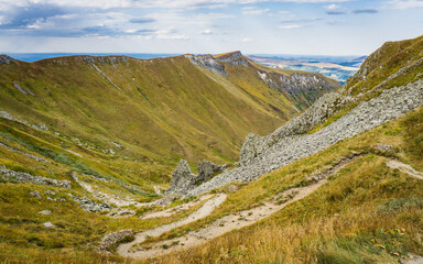 View of the nature and the landscape on top of Puy de Sancy volcano, the highest peak in Auvergne, France