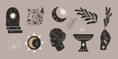 Silhouette illustration with ancient stuff and doodle objects. Vector illustration.