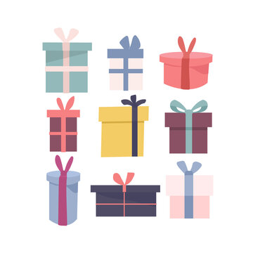 Set of different isolated icons of wrapped colored gift boxes in different shape. Birthday present theme. Christmas card poster banner. Completed flat vector illustration.