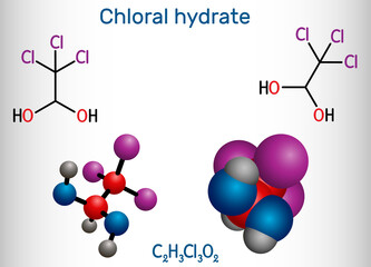 Chloral hydrate. geminal diol, anesthetic molecule. A synthetic monohydrate of chloral, hypnotic and sedative, anticonvulsive drug. Structural chemical formula and molecule model